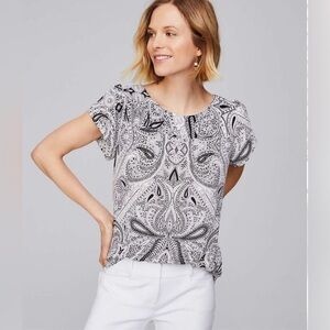 LOFT Small Petite Black & White Shadow‎ Paisley Petal Sleeve Top